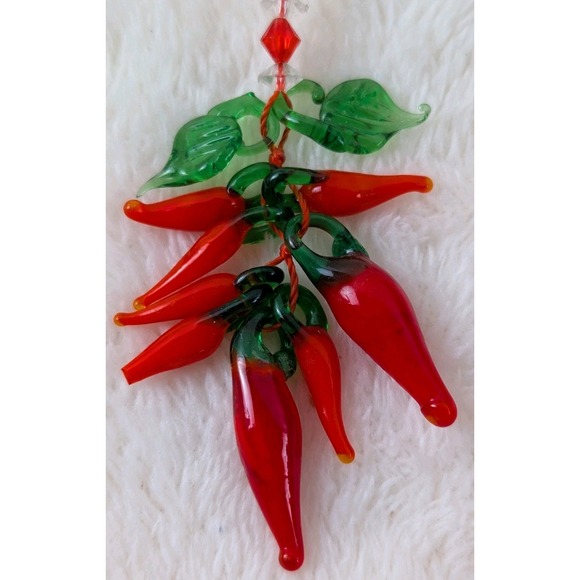 Handmade Glass Chili Pepper Ornament Red Green Blown Glass Cluster Hanging Decor - Picture 5 of 5